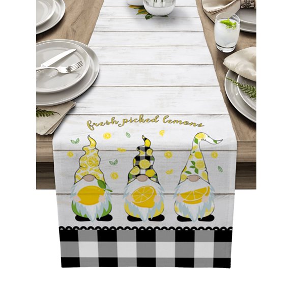Table Runner Fruit Plant Lemon Gnome Table Decoration for Kitchen Dinning Farmhouse Buffalo Check Wood Grain Table Decoration for Indoor Outdoor Party Wedding Decor 13x72 Inch