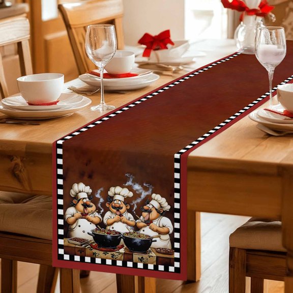 Table Runner Fun Chef Food Kitchen Cooking Dresser Scarves 13x36 Inch,Linen Table Runners Black White Checked Tablerunner for Home Dining Indoor Outdoor Wedding Party Tabletop Decor
