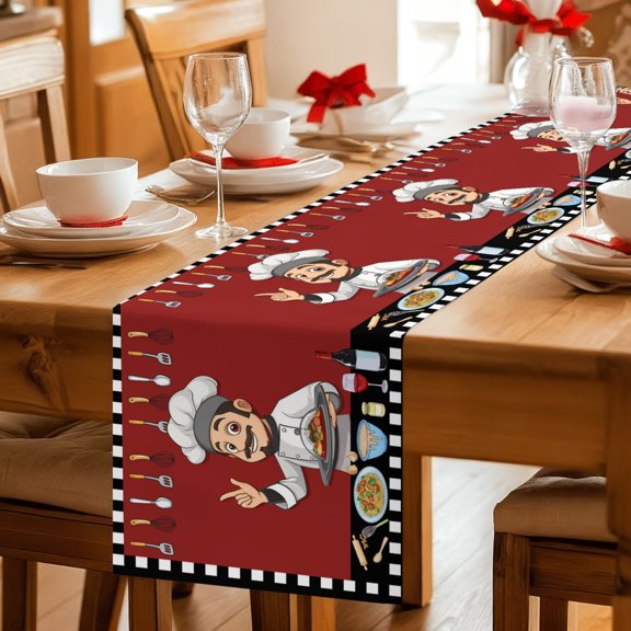 Table Runner Fun Chef Kitchenware Food Burgundy Red Dresser Scarves 13x36 Inch,Linen Table Runners Black White Checker Tablerunner for Home Dining Indoor Outdoor Wedding Party Tabletop Decor