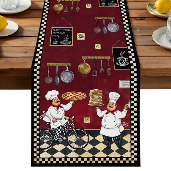 Table Runner Funny Chef Table Runners Cozy Kitchen Pizza Buffalo Plaid Cotton Linen Dresser Scarf Kitchen Dining Table Decor for Holiday Party Decor 13x72 Inch