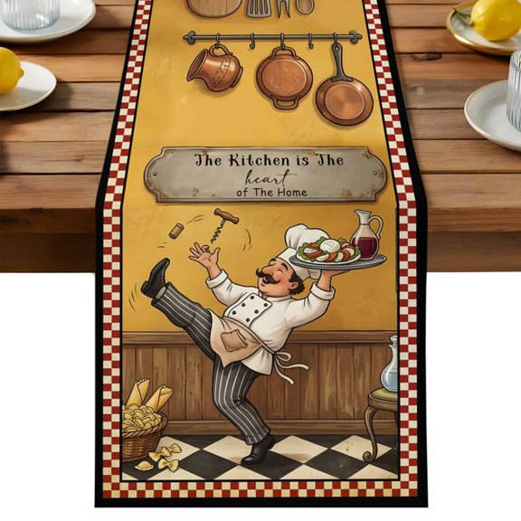 Table Runner Funny Chef Table Runners Pizza Toss Cooking Kitchen Plaid Cotton Linen Dresser Scarf Kitchen Dining Table Decor for Holiday Party Decor 13x90 Inch