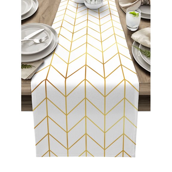 Table Runner Geometric Abstract Stripes Table Decoration for Kitchen Dinning Golden Chevron Table Decoration for Indoor Outdoor Party Wedding Decor 13x72inch