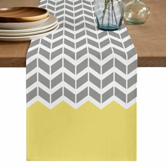 Table Runner Geometric Chevron Yellow Soft Linen Style Table Runner Cloth White and Gray Stripes Dining Table Decor for Kitchen, Dining Room, Parties, Holiday & Everyday Use 13x36 Inch