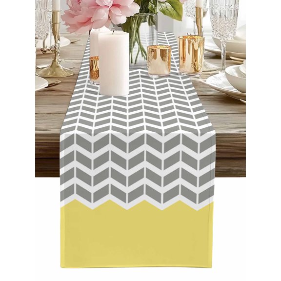 Table Runner Geometric Chevron Yellow Table Runners White and Gray Stripes Cotton Linen Dresser Scarf Kitchen Dining Table Decor for Home Dinner Party Decor 13x36 Inch