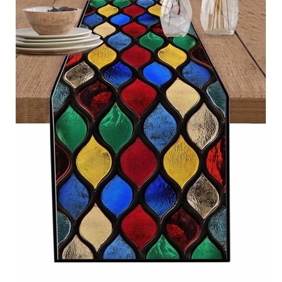 Table Runner Geometric Moroccan Table Decoration for Kitchen Dinning Colorful Glass Texture Table Decoration for Indoor Outdoor Party Wedding Decor 13x72 Inch