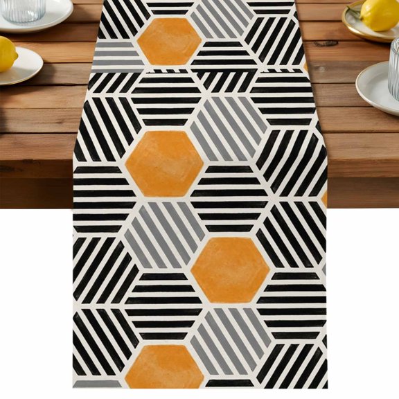 Table Runner Geometric Orange Black Hexagon Dresser Scarves 13x72 Inch,Linen Table Runners Modern Abstract Stripe Art Tablerunner for Home Dining Indoor Outdoor Wedding Party Tabletop Decor