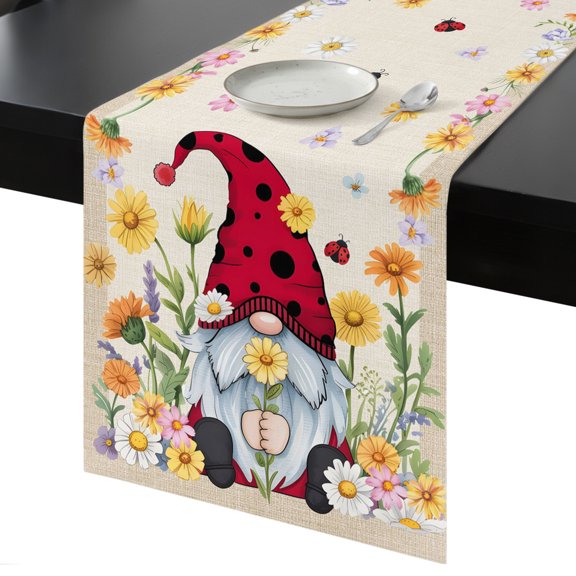 Table Runner Gnome Daisy Decorative Dining Table Runner Spring Flowers Leaf Beige Kitchen Table Decoration for Home, Holiday and Party Use 13x36 Inch