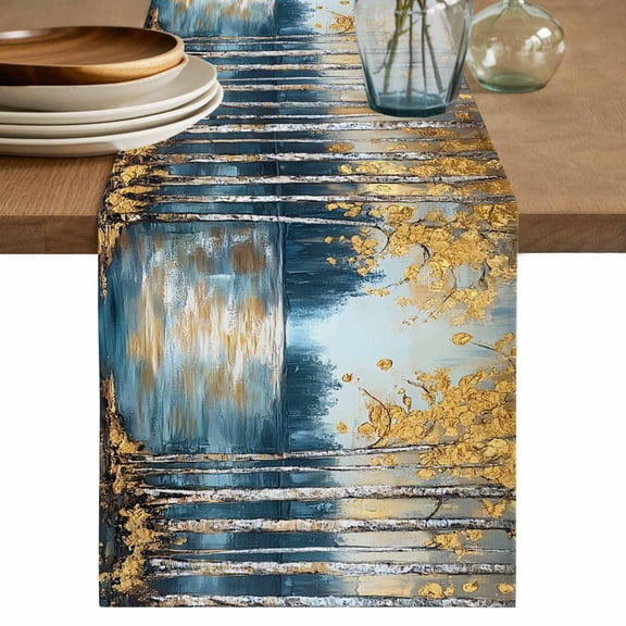 Table Runner Gold Forest Blue Lake Soft Linen Style Table Runner Cloth Oil Painting Dining Table Decor for Kitchen, Dining Room, Parties, Holiday & Everyday Use 13x72 Inch