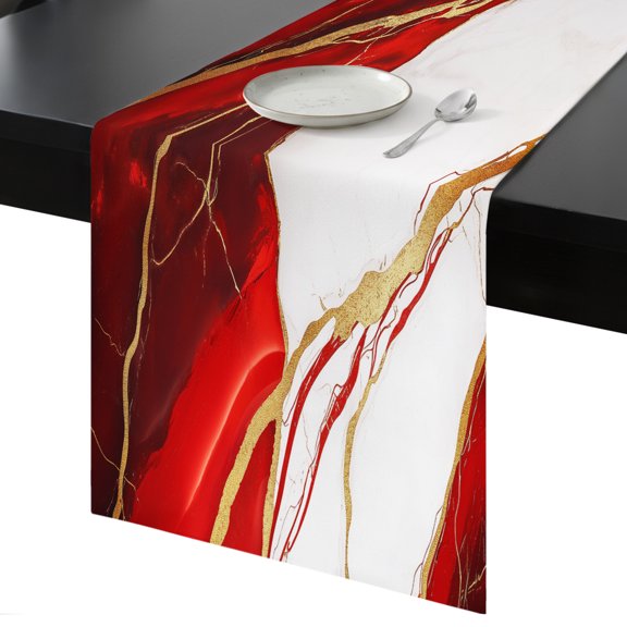 Table Runner Gold Red Marble Decorative Dining Table Runner Abstract Marble Kitchen Table Decoration for Home, Holiday and Party Use 13x36 Inch