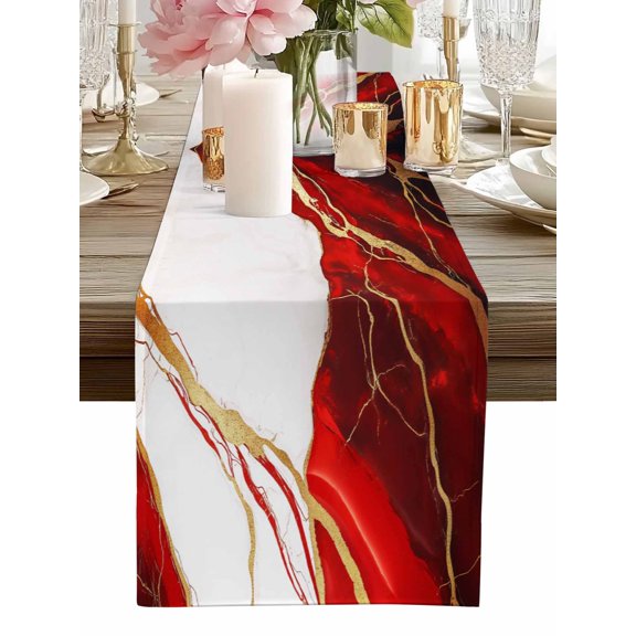 Table Runner Gold Red Marble Table Runners Abstract Marble Cotton Linen Dresser Scarf Kitchen Dining Table Decor for Home Dinner Party Decor 13x72 Inch
