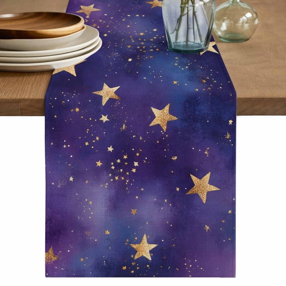 Table Runner Gold Star Soft Linen Style Table Runner Cloth Purple Starry Sky Dining Table Decor for Kitchen, Dining Room, Parties, Holiday & Everyday Use 13x36 Inch