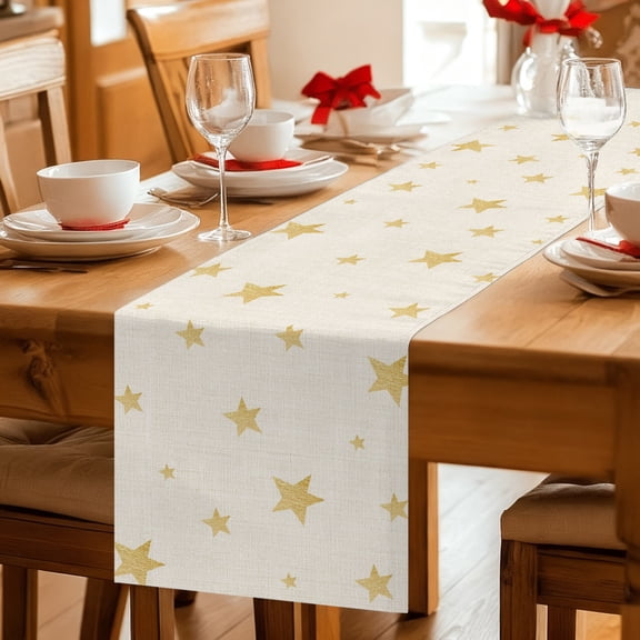 Table Runner Gold Stars on Burlap Linen Dresser Scarves 13x36 Inch,Linen Table Runners Seamless Shining Star Tablerunner for Home Dining Indoor Outdoor Wedding Party Tabletop Decor