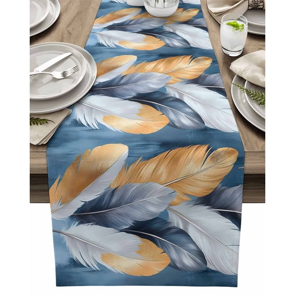 Table Runner Gold White Feathers Table Decoration for Kitchen Dinning Blue Painting Table Decoration for Indoor Outdoor Party Wedding Decor 13x90inch