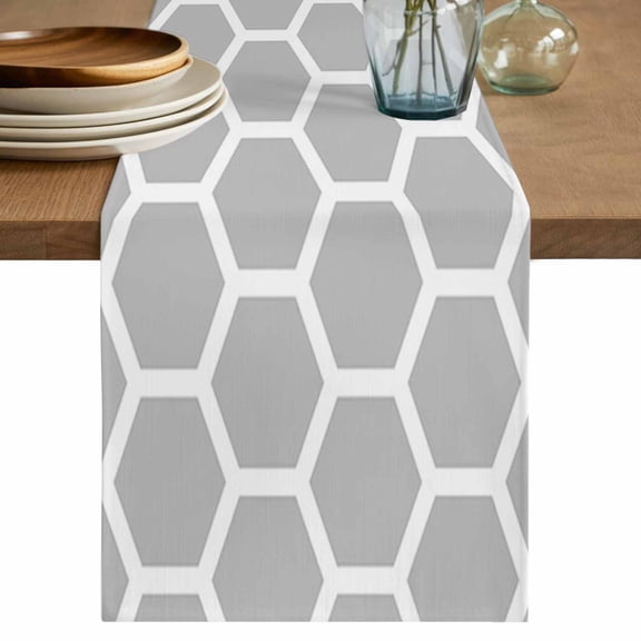 Table Runner Gray Moroccan Hexagon Soft Linen Style Table Runner Cloth Geometric Art Dining Table Decor for Kitchen, Dining Room, Parties, Holiday & Everyday Use 13x72 Inch