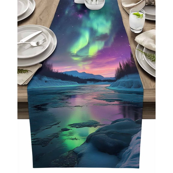 Table Runner Green Blue Purple Aurora Table Decoration for Kitchen Dinning Lake Forest Table Decoration for Indoor Outdoor Party Wedding Decor 13x72inch