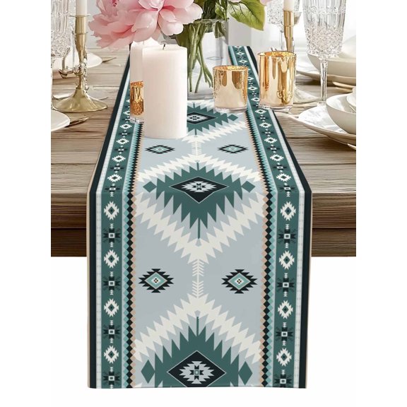 Table Runner Green Bohemian Table Runners Aztec Boho Tribal Style Cotton Linen Dresser Scarf Kitchen Dining Table Decor for Home Dinner Party Decor 13x36 Inch