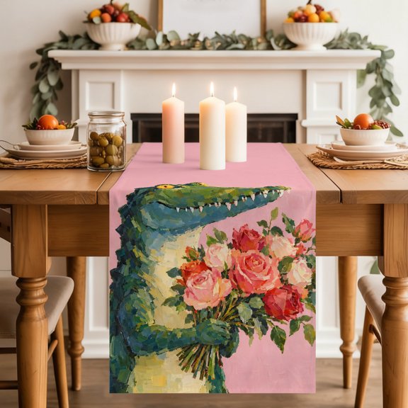Table Runner Green Crocodile Roses Dresser Scarves 13x72 Inch,Linen Table Runners Oil Style Red Pink Flowers Tablerunner for Home Dining Indoor Outdoor Wedding Party Tabletop Decor