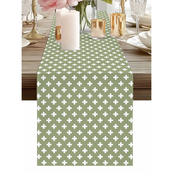 Table Runner Green Crosses Motifs Table Runners Plus Sign Icons Cotton Linen Dresser Scarf Kitchen Dining Table Decor for Holiday Party Home Decor 13x36 Inch