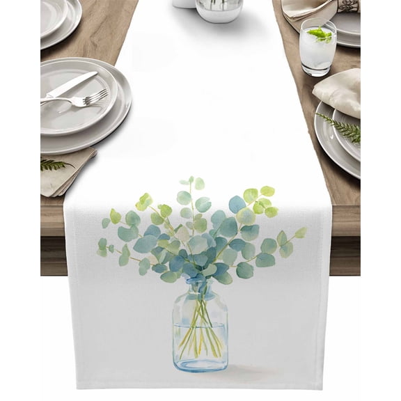 Table Runner Green Eucalyptus Leaf Table Decoration for Kitchen Dinning Plant Glass Bottle Table Decoration for Indoor Outdoor Party Wedding Decor 13x72inch