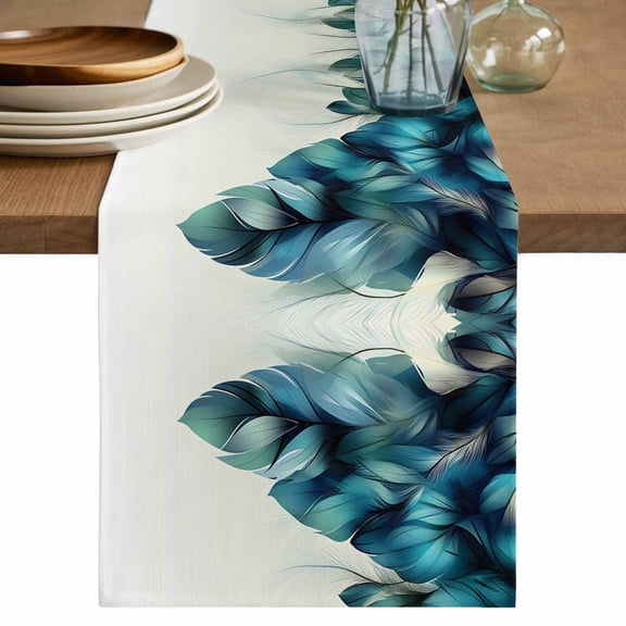 Table Runner Green Feather Soft Linen Style Table Runner Cloth Abstract Modern Art Dining Table Decor for Kitchen, Dining Room, Parties, Holiday & Everyday Use 13x36 Inch
