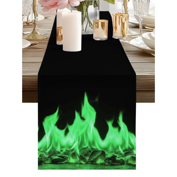 Table Runner Green Flames Table Runners Burning Embers Ethereal Fire Cotton Linen Dresser Scarf Kitchen Dining Table Decor for Holiday Party Home Decor 13x36 Inch