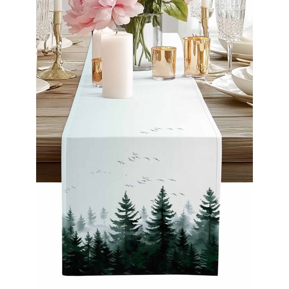 Table Runner Green Forest Table Runners Tree Bird Landscape Cotton Linen Dresser Scarf Kitchen Dining Table Decor for Home Dinner Party Decor 13x36 Inch