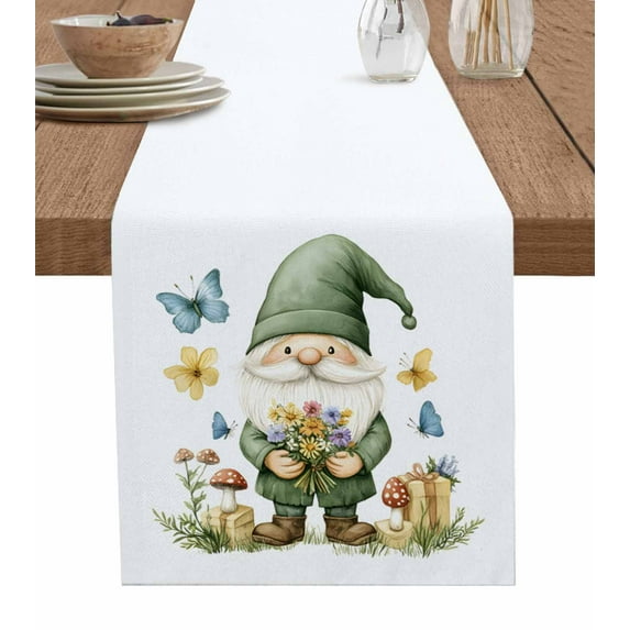 Table Runner Green Gnome Blue Butterfly Table Decoration for Kitchen Dinning Mushroom Flowers Table Decoration for Indoor Outdoor Party Wedding Decor 13x72 Inch