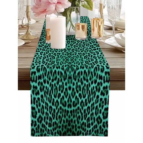 Table Runner Green Leopard Print Table Runners Retro Animal Fur Pattern Cotton Linen Dresser Scarf Kitchen Dining Table Decor for Home Dinner Party Decor 13x36 Inch