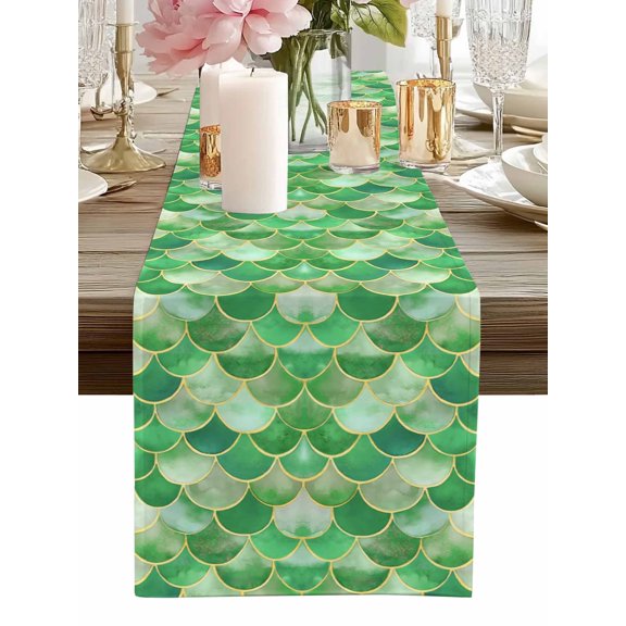 Table Runner Green Mermaid Scales Table Runners Gold Waves Lines Cotton Linen Dresser Scarf Kitchen Dining Table Decor for Home Dinner Party Decor 13x72 Inch