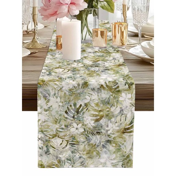 Table Runner Green Palm Leaves Table Runners Spring Flower Cotton Linen Dresser Scarf Kitchen Dining Table Decor for Home Dinner Party Decor 13x90 Inch