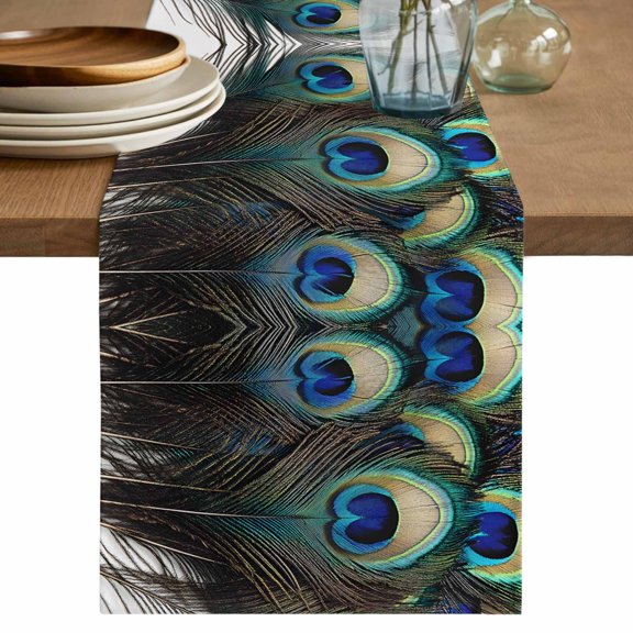 Table Runner Green Peacock Feather Soft Linen Style Table Runner Cloth Abstract Modern Art Dining Table Decor for Kitchen, Dining Room, Parties, Holiday & Everyday Use 13x36 Inch
