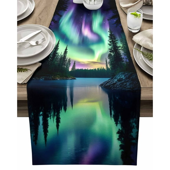 Table Runner Green Purple Aurora Table Decoration for Kitchen Dinning Forest Lake Table Decoration for Indoor Outdoor Party Wedding Decor 13x72inch