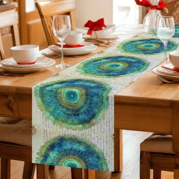 Table Runner Green Seagrass Circle Dresser Scarves 13x36 Inch,Linen Table Runners Retro Paper Background Tablerunner for Home Dining Indoor Outdoor Wedding Party Tabletop Decor