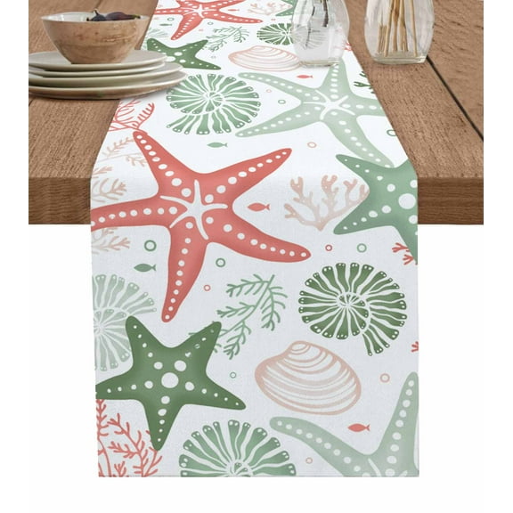 Table Runner Green Starfish Table Decoration for Kitchen Dinning Marine Life Ocean Coastal Table Decoration for Indoor Outdoor Party Wedding Decor 13x72inch