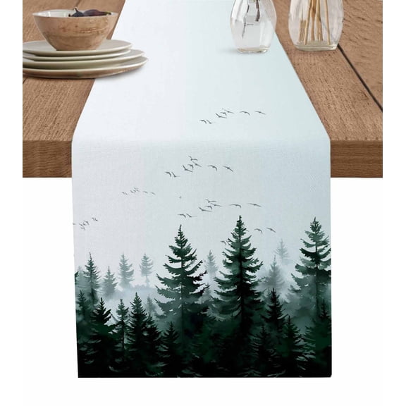 Table Runner Green Trees Forest Table Decoration for Kitchen Dinning Bird Sky Landscape Table Decoration for Indoor Outdoor Party Wedding Decor 13x72inch