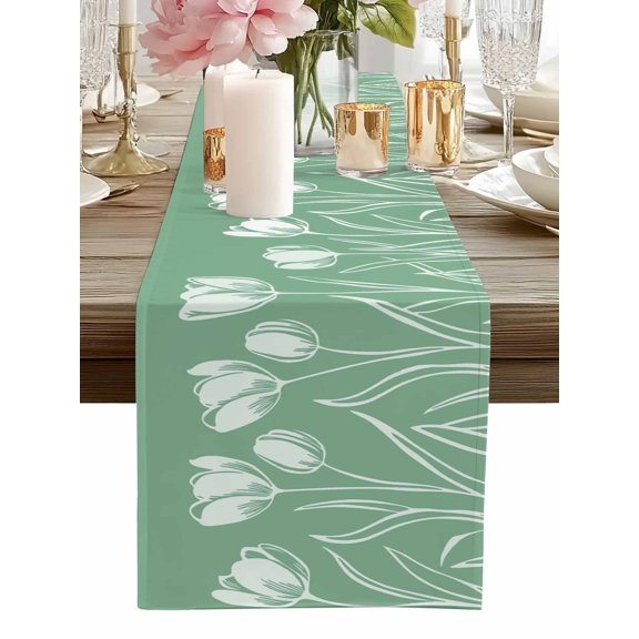 Table Runner Green Tulip Flowers Table Runners Floral Plant Cotton Linen Dresser Scarf Kitchen Dining Table Decor for Home Dinner Party Decor 13x36 Inch