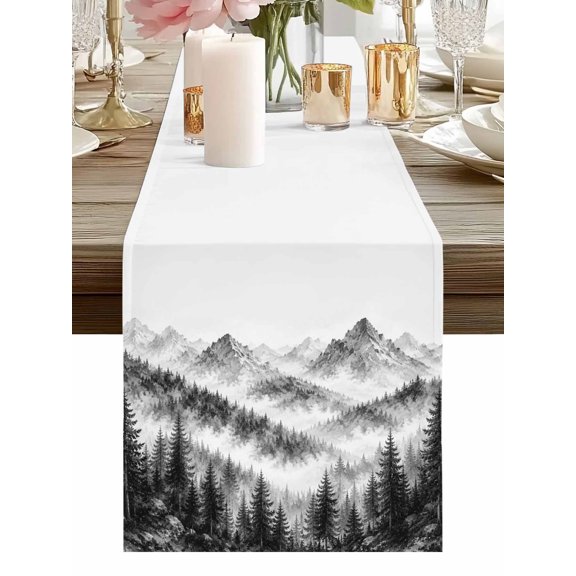 Table Runner Grey Forest Mountain Table Runners Fog Peaks Pine Tree Cotton Linen Dresser Scarf Kitchen Dining Table Decor for Holiday Party Home Decor 13x36 Inch