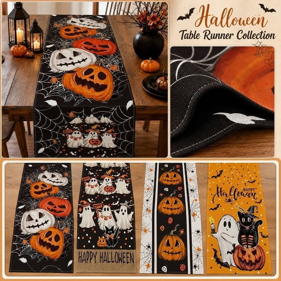 Table Runner Halloween, Halloween Ghost Decorations, Pumpkin Decor, Halloween Party Decorations, 72X13 Inch Durable Stain Resistant Linen Table Runner for Halloween Themed Dinner,