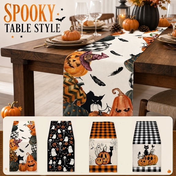 Table Runner, Halloween Home Decor Indoor, Fall Table Decorations, Halloween Party Decorations, Black Cat Decor, Linen Halloween Pumpkin Ghost Bat Pattern 72 X 13 Inch Table