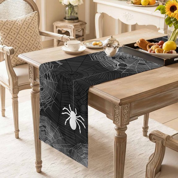 Table Runner Halloween Spiders Spiderweb Texture Dresser Scarves 13x36 Inch,Linen Table Runners Black White Tablerunner for Home Dining Indoor Outdoor Wedding Party Tabletop Decor
