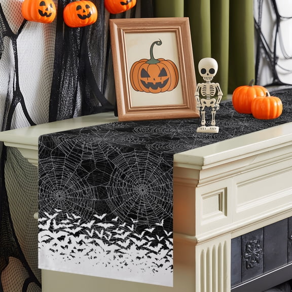 Table Runner Halloween Spiderwebs Bat Silhouette Dresser Scarves 13x36 Inch,Linen Table Runners Spooky Night Black White Tablerunner for Home Dining Indoor Outdoor Wedding Party Tabletop Decor