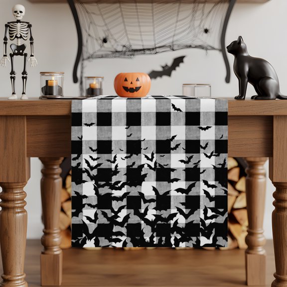 Table Runner Halloween Spooky Bats on Buffalo Check Dresser Scarves 13x90 Inch,Linen Table Runners Black White Plaid Tablerunner for Home Dining Indoor Outdoor Wedding Party Tabletop Decor