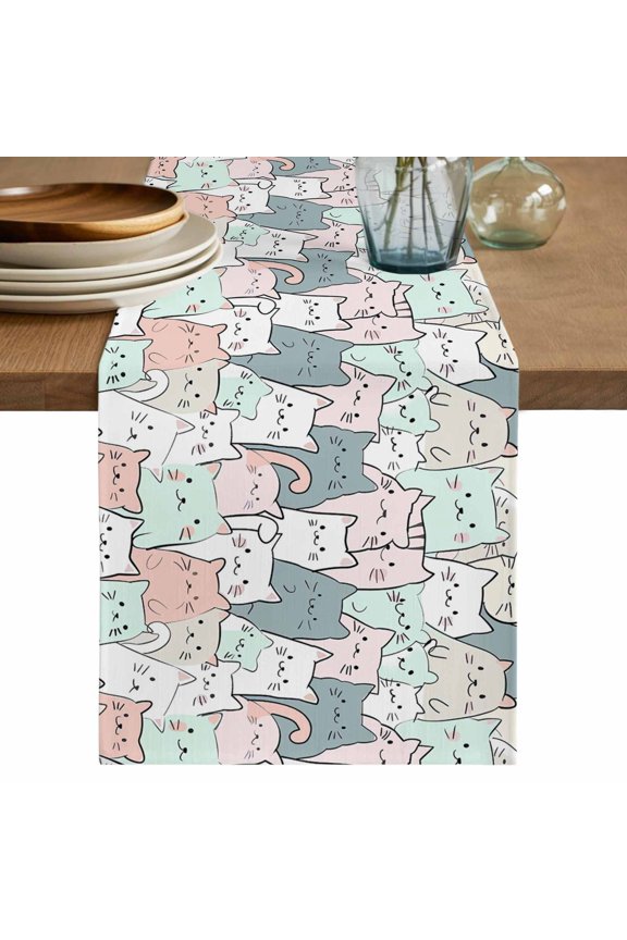 Table Runner Hand Drawn Cats Soft Linen Style Table Runner Cloth Simple Style Dining Table Decor for Kitchen, Dining Room, Parties, Holiday & Everyday Use 13x36 Inch
