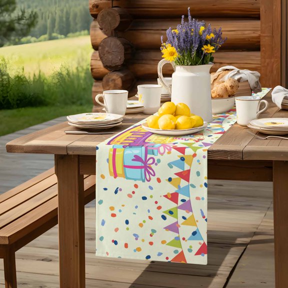 Table Runner,Happy Birthday Text Kitchen Dining Table Runners Tabletop Decorations Cartoon Cake Ribbon Dots Tablerunner Drsser Sarvs for Home Partyo Wdedeng Birthday Decor,13x36in