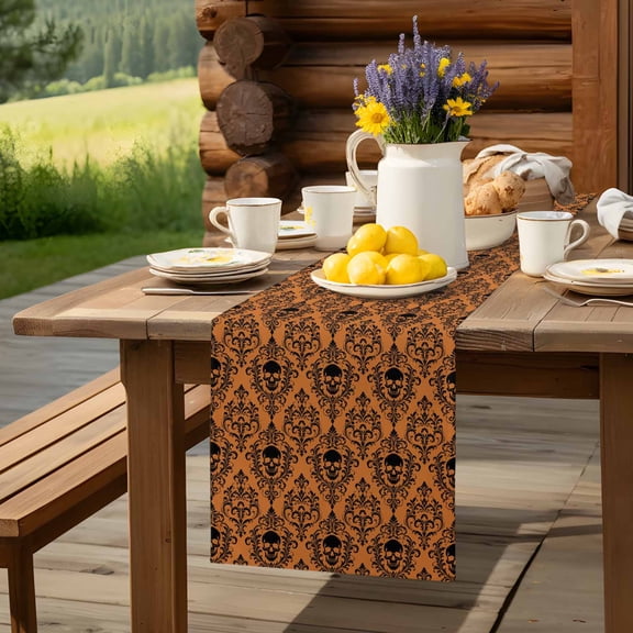 Table Runner Happy Halloween Skeleton Damask Flower Skull Dresser Scarves 13x36 Inch,Linen Table Runners Retro Orange Tablerunner for Home Dining Indoor Outdoor Wedding Party Tabletop Decor
