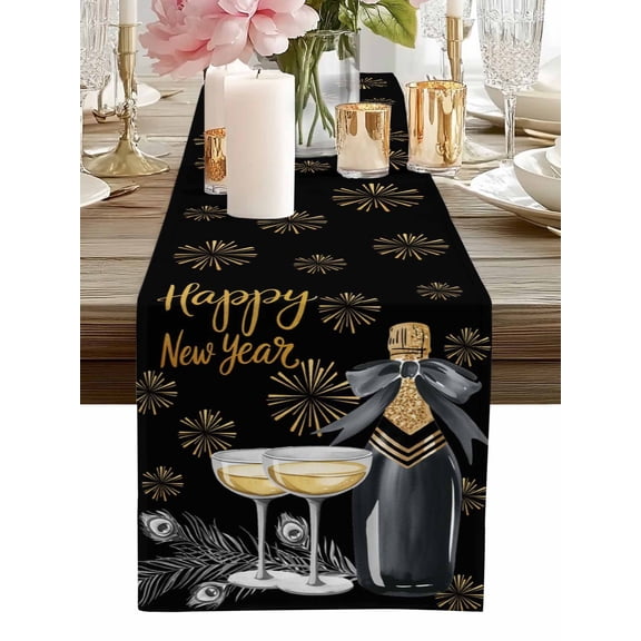 Table Runner Happy New Year Table Runners Champagne Cup Gold Fireworks Cotton Linen Dresser Scarf Kitchen Dining Table Decor for Home Dinner Party Decor 13x36 Inch