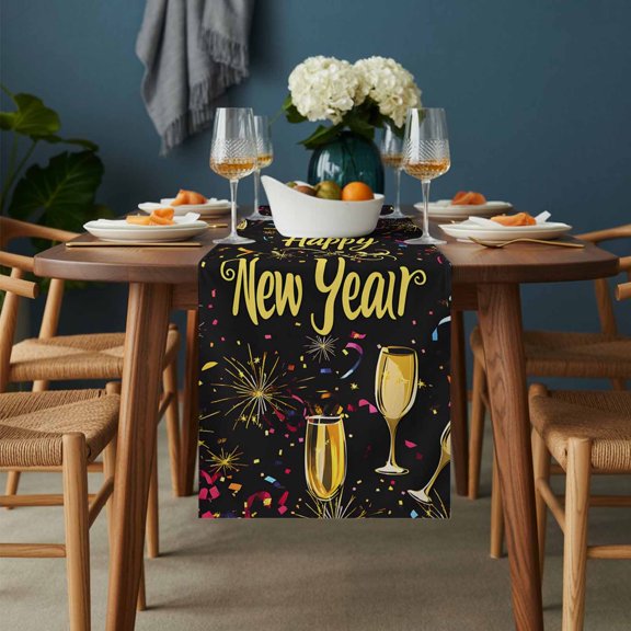 Table Runner Happy New Year Words Dresser Scarves 13x36 Inch,Linen Table Runners Colorful Fireworks Tablerunner for Home Dining Indoor Outdoor Wedding Party Tabletop Decor