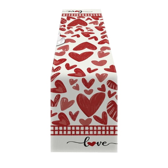 Table Runner , Heart Love Seasonal Farmhouse Burlap Red Buffalo Plaid Indoor Kitchen Anniversary Wedding Dining Valentines Table Decorations for Home Party