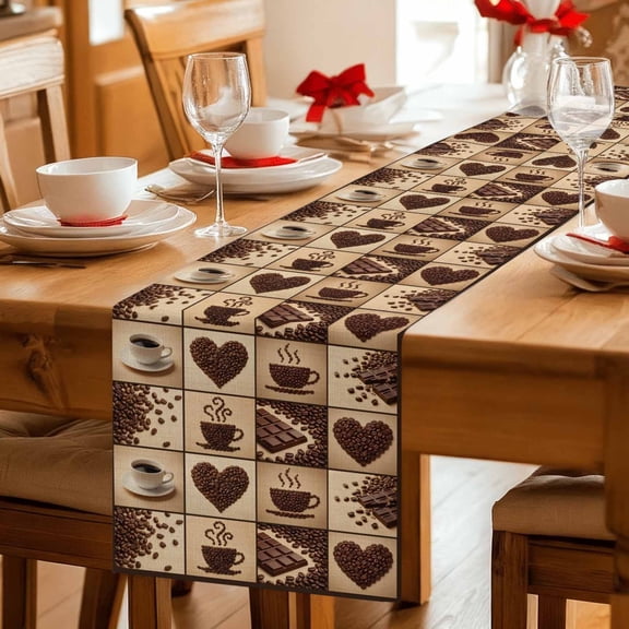 Table Runner Heart Shape Coffee Beans Dresser Scarves 13x36 Inch,Linen Table Runners Chocolate Bar Tablerunner for Home Dining Indoor Outdoor Wedding Party Tabletop Decor