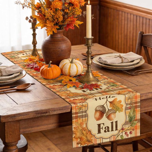 Table Runner Hello Fall Words Plaid Tartan Border Dresser Scarves 13x36 Inch,Linen Table Runners Autumn Maple Leaves Tablerunner for Home Dining Indoor Outdoor Wedding Party Tabletop Decor
